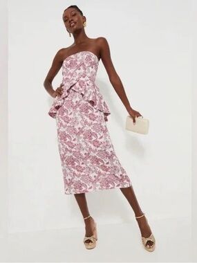Strapless Pink Floral Peplum Midi Dress